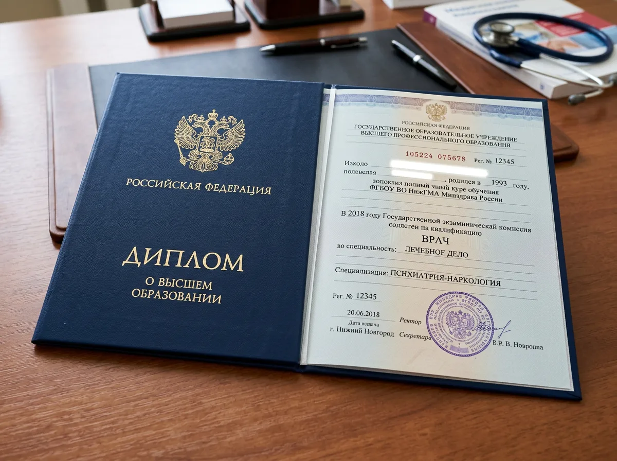 Диплом о высшем медицинском образовании врача психиатра-нарколога, государственный образец, синий цвет